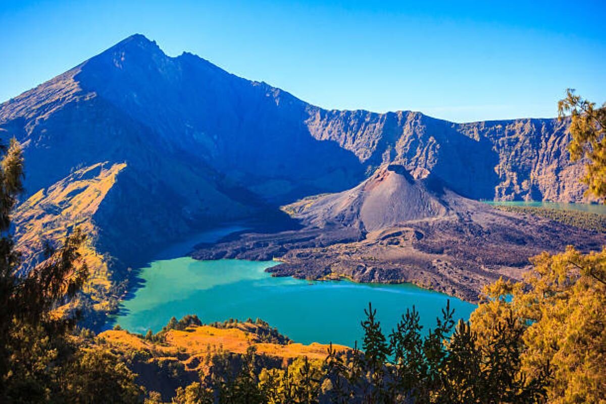 The crater lake and cone of Mount Rinjani seen from the rim, Lombok