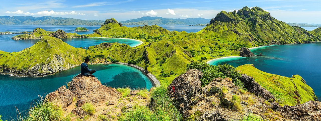 The three turquoise bays seen from the Padar Island viewpoint, Komodo National Park