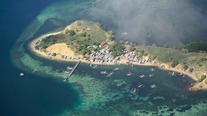 Aerial view of the Labuan Bajo peninsula and its harbour, Flores