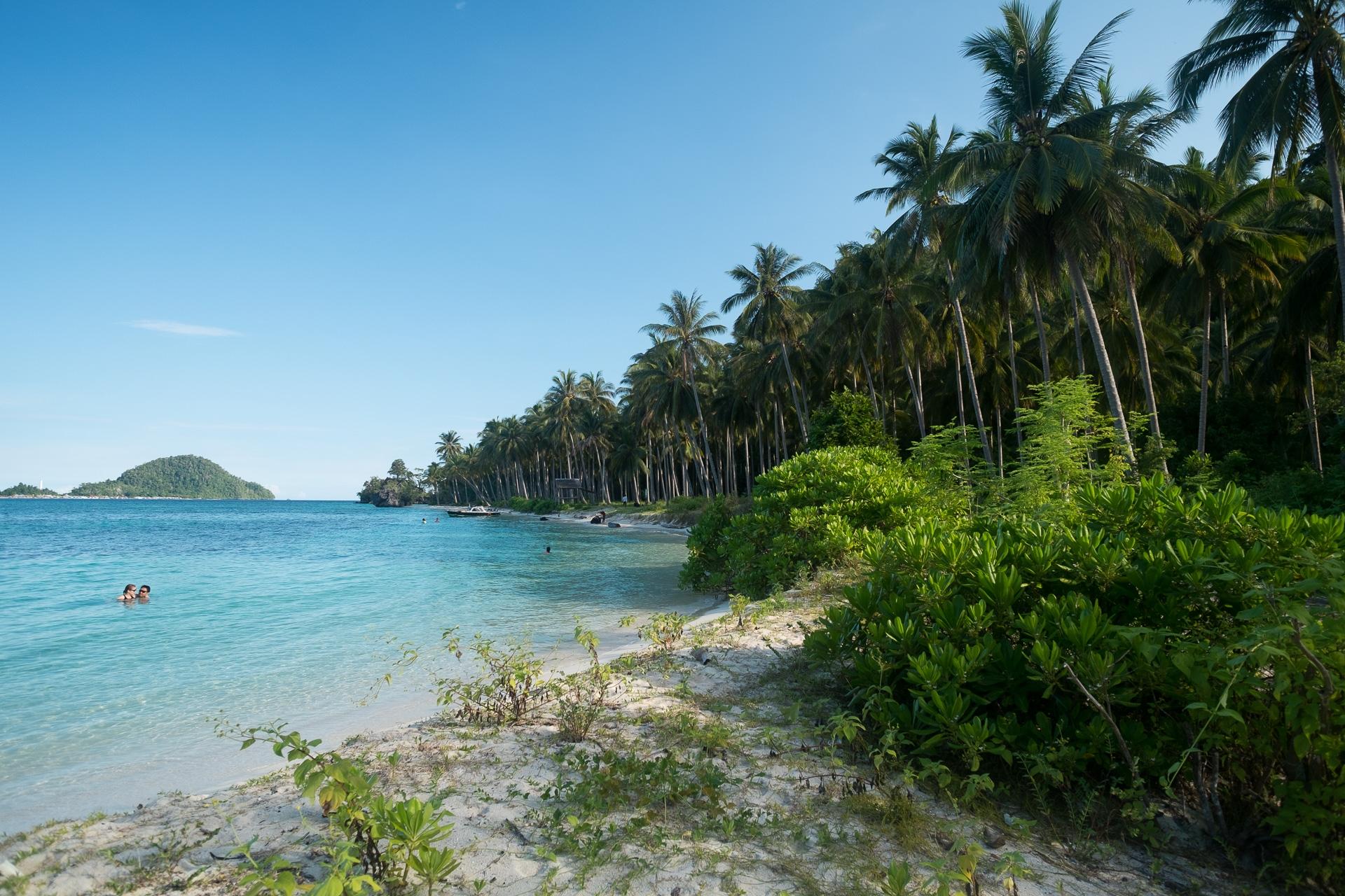 Aerial view of a beach and island in the Labengki archipelago, Southeast Sulawesi