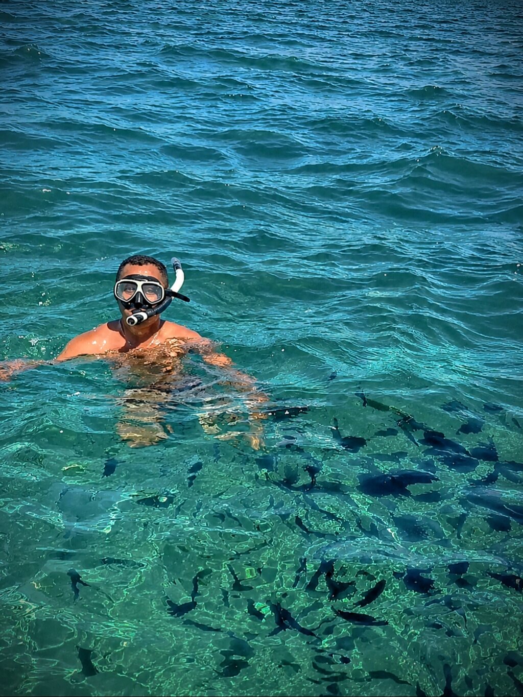 A snorkeller over a coral reef in the clear water of Komodo National Park