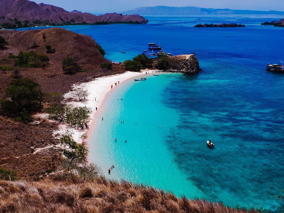Turquoise water and a curved white beach seen from above in Komodo National Park